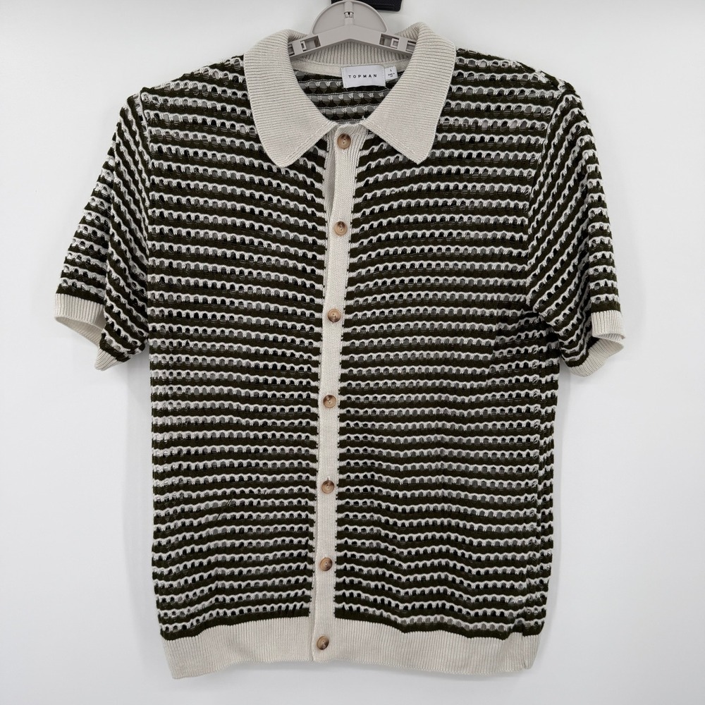 Topman Mens Large Olive Cream Striped Open Knit Crochet Button Down Shirt L